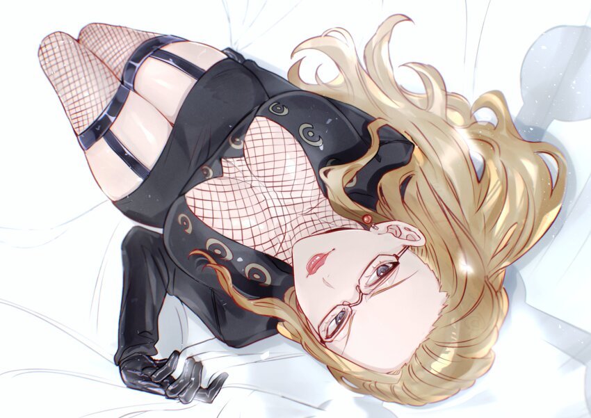 1girl absurdres black_dress black_gloves blonde_hair breasts cleavage commentary dress fishnet_thighhighs fishnet_top fishnets from_above garter_straps glasses gloves hair_slicked_back highres kalifa_(one_piece) long_hair lying one_piece pink_lips sc_scandium smile solo thighhighs