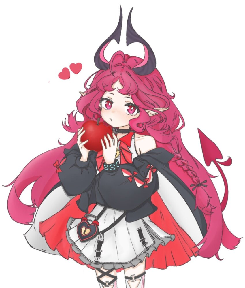 1girl ahoge apple arknights arm_cutout bare_shoulders black_collar black_shirt braid bright_pupils chewing closed_mouth collar diamond-shaped_pupils diamond_(shape) food frilled_skirt frills fruit grey_skirt heart highres holding holding_food holding_fruit infection_monitor_(arknights) keyhole long_hair long_sleeves looking_at_viewer miniskirt nymph_(arknights) pink_eyes pink_hair pointy_ears puffy_long_sleeves puffy_sleeves shirt simple_background skirt solo sussurrobestmom symbol-shaped_pupils white_background white_pupils