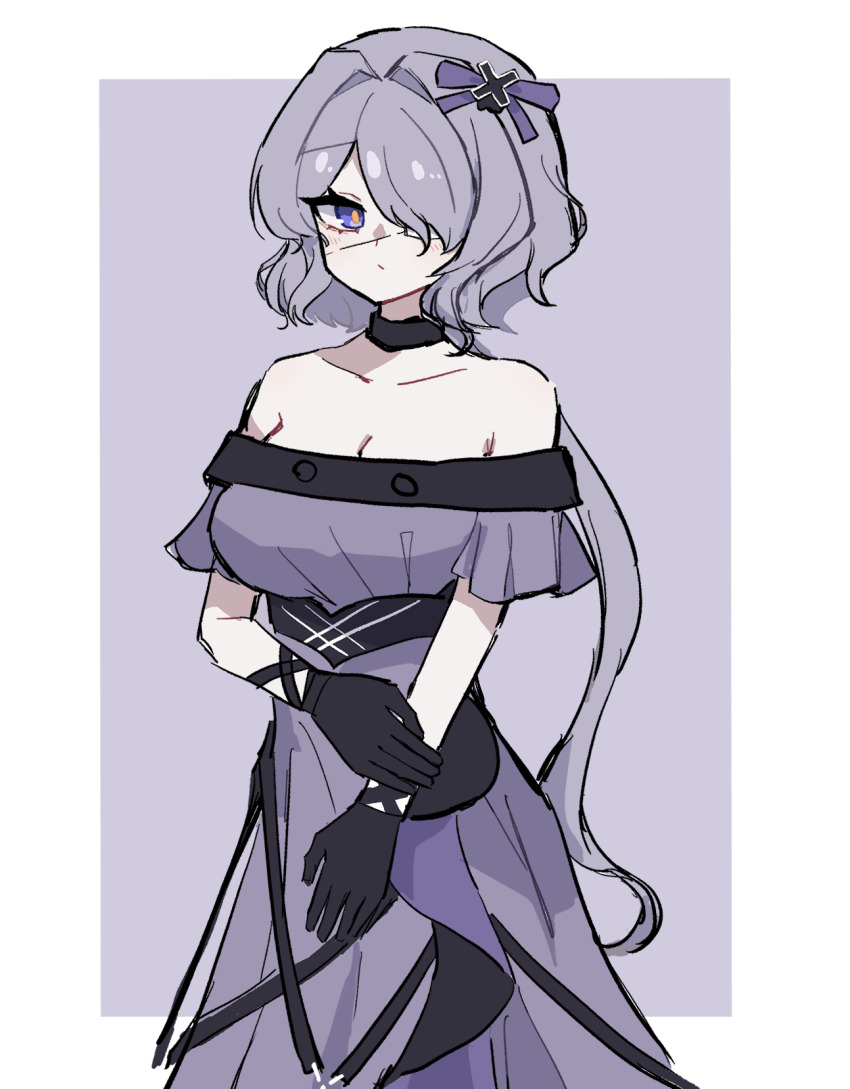 arknights black_choker black_gloves border breasts choker cleavage closed_mouth commentary cowboy_shot dress eyepatch gloves grey_background grey_dress grey_hair hair_over_one_eye hand_on_own_arm highres hmrsh large_breasts long_hair looking_at_viewer medical_eyepatch off-shoulder_dress off_shoulder one_eye_covered orange_pupils outside_border ponytail purple_eyes simple_background standing whisperain_(arknights) white_border
