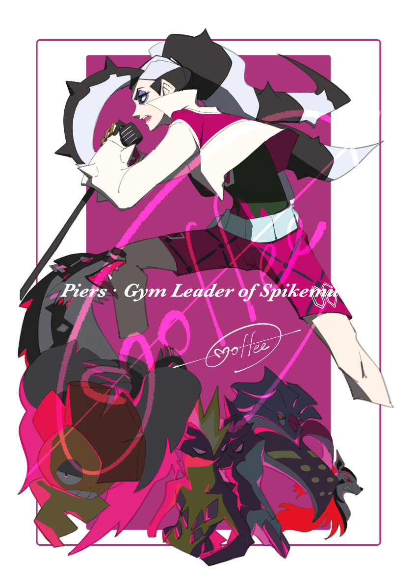 1boy absurdres belt black_hair black_shirt border cccacademia character_name commentary_request eyeshadow gen_3_pokemon gen_5_pokemon gen_6_pokemon gen_8_pokemon gloves highres holding holding_microphone jacket knees makeup malamar male_focus microphone microphone_stand mightyena multicolored_hair nintendo obstagoon open_mouth piers_(pokemon) pink_shorts pokemon pokemon_(creature) pokemon_swsh purple_background scrafty shirt shorts signature teeth toxtricity toxtricity_(amped) toxtricity_(low_key) two-tone_hair white_border white_jacket