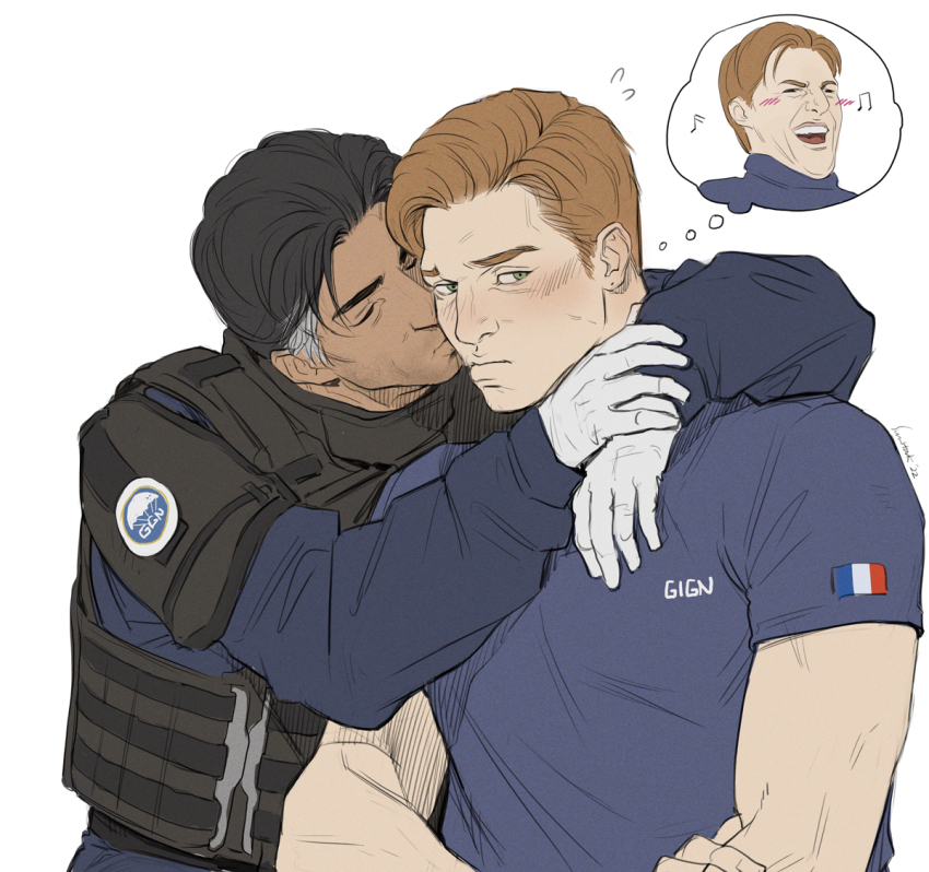 2boys arms_around_neck black_hair blonde_hair blue_eyes blue_shirt blush bulletproof_vest closed_eyes closed_mouth commentary crossed_arms dark-skinned_male dark_skin doc_(rainbow_six_siege) flying_sweatdrops french_flag gign gloves grey_hair image_in_thought_bubble kiss kissing_cheek laughing_tom_cruise_(meme) lion_(rainbow_six_siege) long_sleeves looking_to_the_side male_focus meme military_combat_uniform military_uniform multicolored_hair multiple_boys musical_note rainbow_six_siege shirt short_sleeves shy sideburns sideways_glance simple_background speech_bubble streaked_hair sun_stark sweatdrop symbol-only_commentary t-shirt thought_bubble white_background white_gloves yaoi
