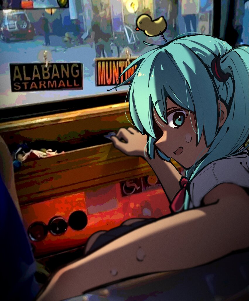 1girl 2others absurdres aqua_eyes aqua_hair bow car commentary english_commentary hair_ornament hatsune_miku highres long_hair looking_at_viewer machuuu68 motor_vehicle multiple_others open_mouth red_bow rubber_duck shirt short_sleeves sweatdrop translation_request twintails vocaloid white_shirt window worldwide_miku