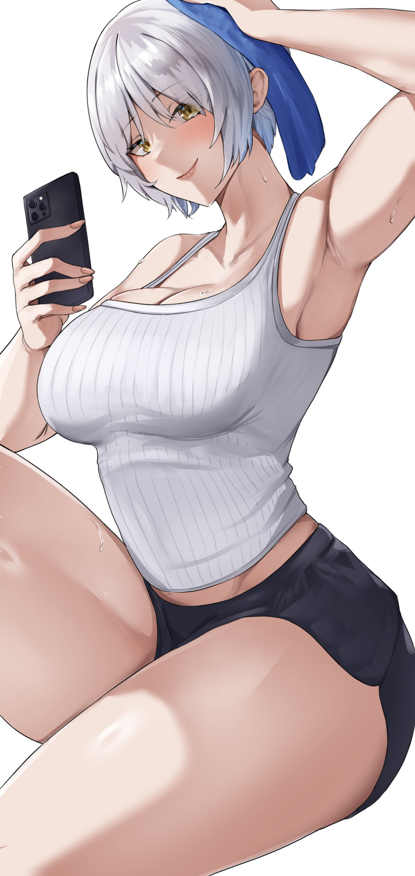 1girl absurdres armpits bare_arms bare_shoulders black_shorts breasts cellphone clip_studio_paint_(medium) commentary english_commentary fingernails hair_between_eyes hand_to_head highres holding holding_phone holding_towel knee_up large_breasts looking_at_viewer mchiefy original phone ribbed_tank_top short_shorts shorts simple_background sitting smartphone smile solo sweat tank_top thick_thighs thighs tomboy toned toned_female towel white_background white_hair white_tank_top wiping_sweat yellow_eyes