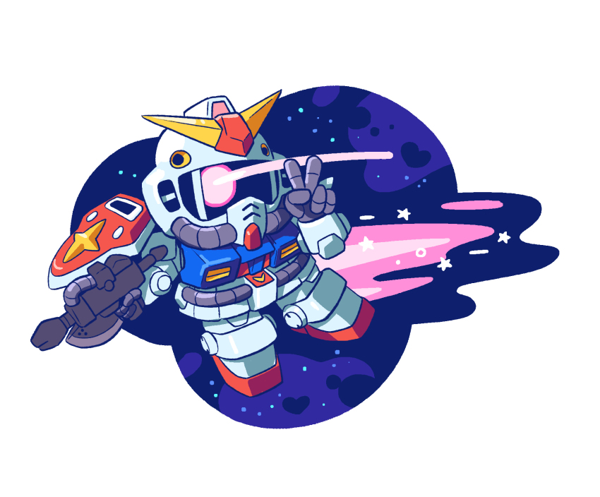 beam_rifle chibi commentary energy_gun english_commentary evan_palmer gun gundam highres holding holding_gun holding_weapon looking_at_viewer mecha mecha_focus nise_gundam no_humans one-eyed robot science_fiction sd_command_chronicles sd_gundam shield solo space v v-fin weapon