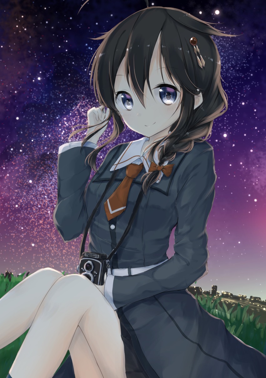 1girl absurdres ahoge belt black_hair blue_eyes bow braid camera coat commentary_request female_focus grass hair_between_eyes hair_bow hair_flaps hair_ornament hair_over_shoulder hairpin highres holding kantai_collection knees_up long_hair long_sleeves looking_at_viewer necktie night night_sky outdoors pleated_skirt red_necktie shigure_(kancolle) shigure_(sasebo_2018)_(kancolle) shigure_kai_ni_(kancolle) single_braid sitting skirt sky smile solo star_(sky) tucking_hair twin-lens_reflex_camera uzuki_tsukuyo