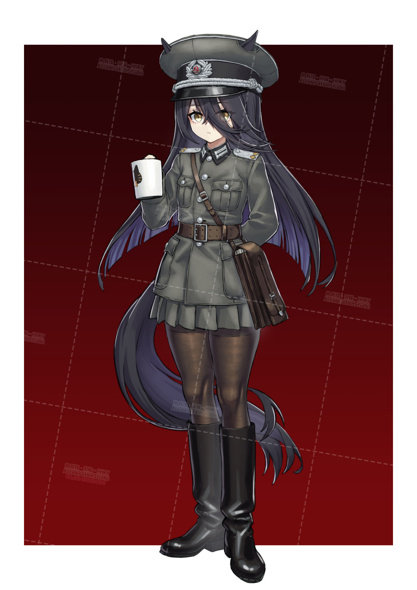 1girl :/ absurdres ahoge animal_ears arm_behind_back bag black_boots black_hair black_pantyhose boots breast_pocket brown_hair cat_ears cropped_jacket cup ear_tag earrings ears_through_headwear east_germany epaulettes eyes_visible_through_hair frown grey_hat grey_jacket grey_skirt hair_between_eyes hand_up hat highres holding holding_cup horse_ears horse_girl horse_tail huihuang_rongyao jacket jewelry long_bangs long_hair long_hair_between_eyes long_sleeves manhattan_cafe_(umamusume) military_uniform mug multicolored_hair nationale_volksarmee pantyhose peaked_cap pleated_skirt pocket shoulder_bag single_earring skirt solo tail umamusume variant_set very_long_hair watermark white_hair yellow_eyes