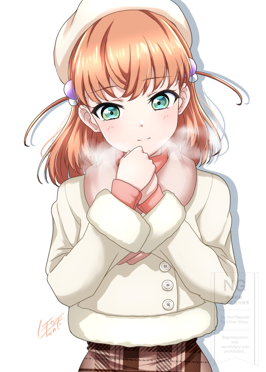 1girl aqua_eyes breath brown_skirt closed_mouth commentary_request drop_shadow fur-trimmed_jacket fur_trim hair_bobbles hair_ornament hat highres hinoshita_kaho hinoshita_kaho_(winter_casual) jacket light_blush link!_like!_love_live! long_sleeves looking_at_viewer love_live! noochan_chonoda official_alternate_costume orange_hair pink_sweater plaid_clothes plaid_skirt signature simple_background skirt sleeves_past_wrists smile solo split_mouth sweater two_side_up virtual_youtuber watermark white_background white_hat white_jacket