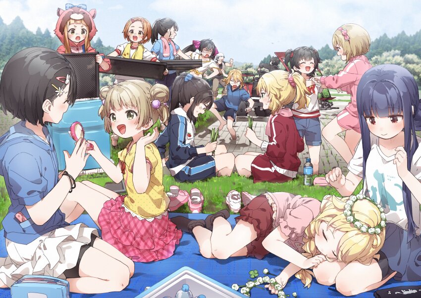 2boys 6+girls :d ^_^ akagi_miria animal_costume barefoot bike_shorts black_hair black_jacket black_shorts black_socks blank_eyes blanket blonde_hair blue_hair blue_jacket blue_shirt blue_shorts blue_skirt blue_sky blush bottle brown_hair brown_shorts closed_eyes closed_mouth cloud commentary_request crop_top day dirty dirty_face double_bun faceless faceless_male flower flower_wreath fukuyama_mai green_eyes gym_shorts hair_bun hair_flower hair_ornament hairclip hand_mirror head_wreath headscarf highres holding hood hood_down hooded_jacket ichihara_nina idolmaster idolmaster_cinderella_girls idolmaster_cinderella_girls_u149 jacket koga_koharu lap_pillow layered_skirt long_hair matoba_risa mirror multiple_boys multiple_girls navel open_mouth outdoors parted_lips pink_jacket pink_shoes pink_shorts pink_skirt plaid_clothes plaid_skirt pleated_skirt ponytail producer_(idolmaster) producer_(idolmaster_cinderella_girls_u149) profile puffy_short_sleeves puffy_shorts puffy_sleeves rabbit_hair_ornament red_eyes red_jacket red_shorts rice_planting ryuzaki_kaoru sajo_yukimi sakurai_momoka sasaki_chie shirt shoes short_sleeves short_twintails shorts shorts_under_skirt sitting skirt sky sleeping sleeping_on_person smile socks standing standing_on_one_leg tachibana_arisu tied_shirt towel towel_around_neck track_jacket tree twintails unworn_shoes very_long_hair wariza water_bottle white_flower white_shirt white_skirt white_socks yokoyama_chika yukie_(kusaka_shi) yusa_kozue yuuki_haru
