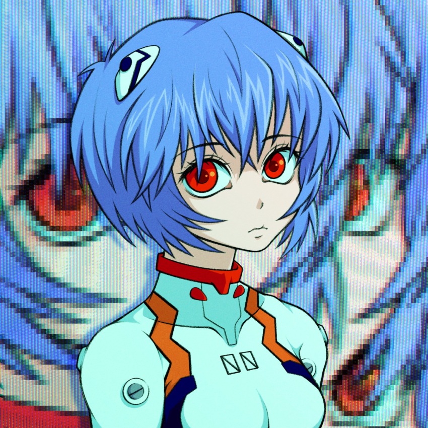 1girl ayanami_rei blue_hair bodysuit closed_mouth commentary cryptidhermit english_commentary expressionless eyelashes hair_between_eyes highres looking_at_viewer neon_genesis_evangelion red_eyes short_hair upper_body white_bodysuit zoom_layer