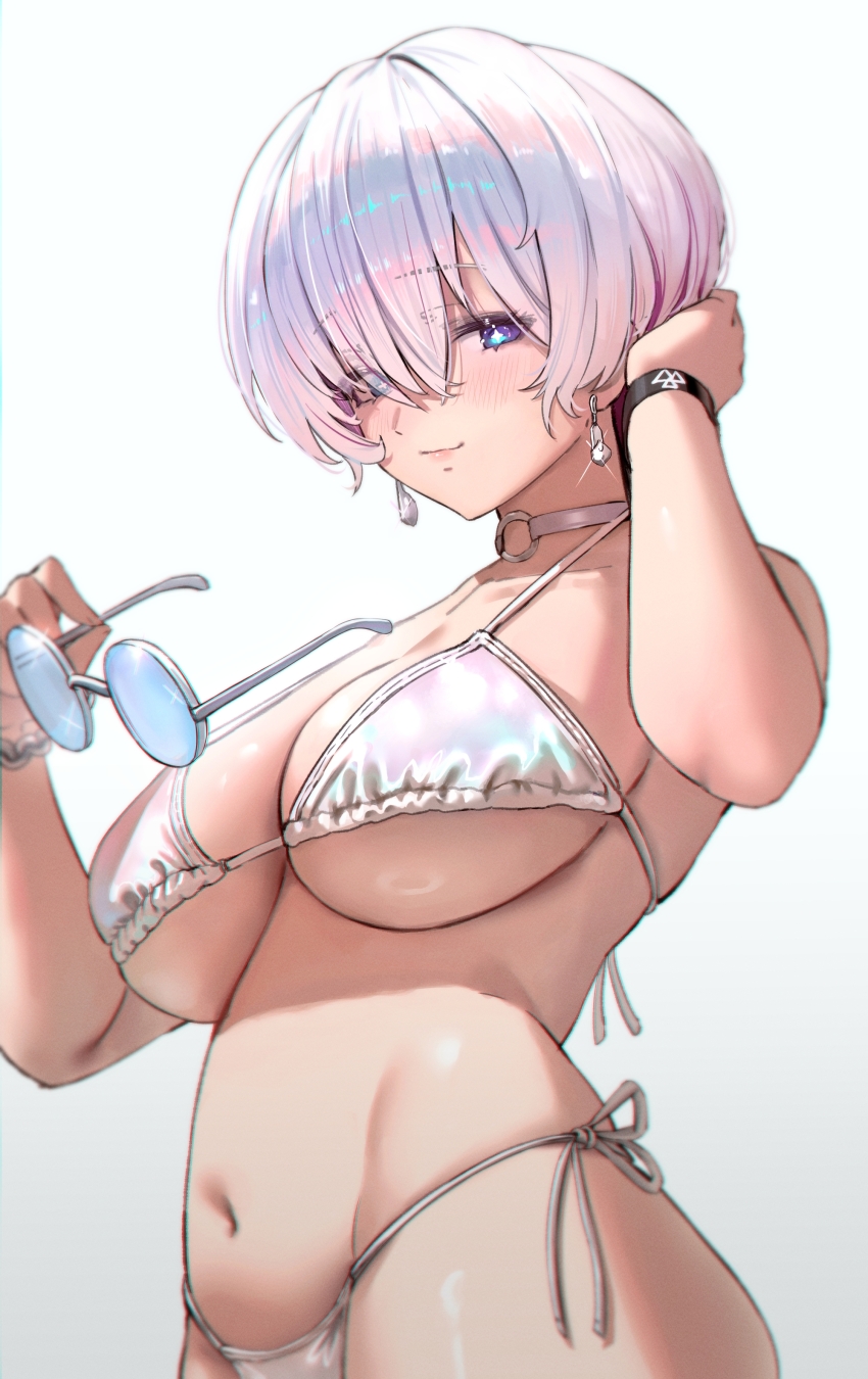 1girl absurdres bikini blue_eyes breasts choker cleavage earrings glint goddess_of_victory:_nikke gradient_hair highres holding holding_removed_eyewear jewelry jindogod large_breasts liliweiss_(nikke) looking_at_viewer multicolored_hair short_hair solo swimsuit symbol-shaped_pupils unworn_eyewear white_bikini white_choker white_hair