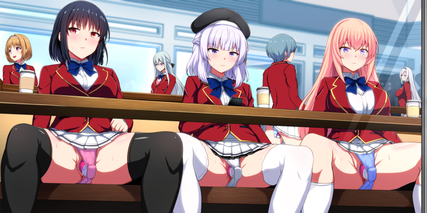 6+girls advanced_nurturing_high_school_uniform beret black_hair black_hat black_thighhighs blazer blonde_hair blue_bow blue_hair blue_panties blush bow braid breasts brown_hair censored collared_shirt commentary_request cup daiaru disposable_cup grey_hair hat highres horikita_suzune ibuki_mio ichinose_honami_(youjitsu) indoors jacket kiriyuuin_fuuka kushida_kikyou large_breasts light_blue_hair long_hair mosaic_censoring multiple_girls panties pink_panties pleated_skirt public_indecency red_jacket sakayanagi_arisu school_uniform sex_toy shiina_hiyori shirt short_hair skirt spread_legs thighhighs under_table underwear vibrator vibrator_under_clothes vibrator_under_panties white_hair white_panties white_shirt white_skirt white_thighhighs youkoso_jitsuryoku_shijou_shugi_no_kyoushitsu_e
