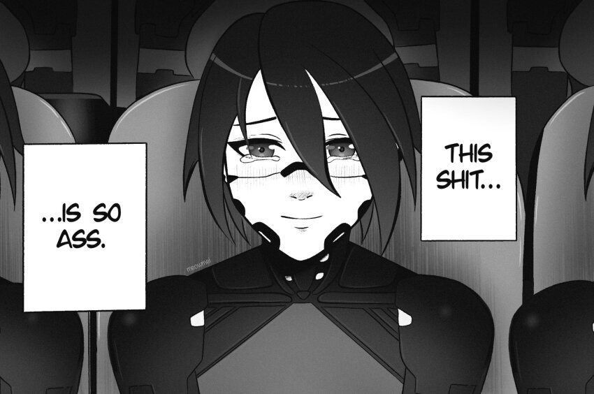 1girl 2others android closed_mouth elster_(signalis) english_text greyscale highres light_smile meowmei monochrome multiple_others profanity robot_girl short_hair signalis sitting solo_focus tearing_up theater_seating
