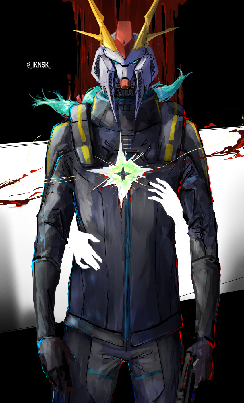 1boy 1girl absurdres aqua_eyes aqua_hair axis_(gundam) blood gun gundam gundam_hathaway&#039;s_flash hathaway_noa highres holding holding_gun holding_weapon hug iknsk mecha mecha_pilot_suit quess_paraya robot twintails twitter_username upper_body v-fin weapon xi_gundam