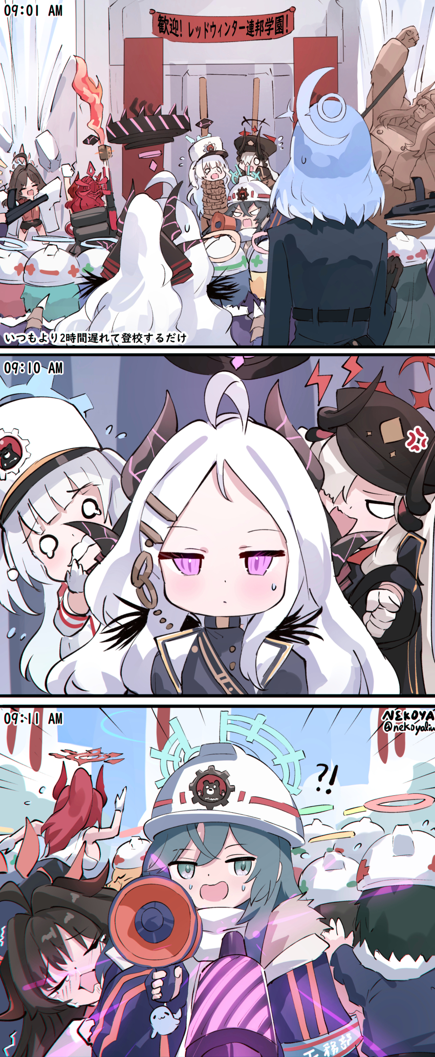 absurdres ahoge ako_(blue_archive) anger_vein armband belt black_belt black_coat black_hair black_halo black_horns black_ribbon black_shorts blonde_hair blue_archive blue_armband blue_coat blue_hair blue_halo bound breasts brown_gloves brown_hair charm_(object) cherino_(blue_archive) clipboard closed_eyes coat crying demon_horns fake_facial_hair fake_mustache feathered_coat fire flamethrower fleeing gloves green_eyes green_hair grey_hair gun hair_ornament halo hard_hat hat helmet highres hina_(blue_archive) holding holding_clipboard holding_flamethrower holding_megaphone holding_weapon horns kasumi_(blue_archive) lab_coat labor_party_member_(blue_archive) long_hair makoto_(blue_archive) megaphone megu_(blue_archive) minori_(blue_archive) multicolored_halo multicolored_horns nekoya_(liu) pink_halo pointing ponytail powering_up purple_eyes purple_shirt red_halo red_horns red_shirt red_winter_federal_academy_logo ribbon shirt short_hair shorts shouting sideboob statue sweatdrop tied_up_(nonsexual) towel towel_around_neck translated twintails two-tone_halo two-tone_horns weapon whale_ornament white_coat white_gloves white_hair white_hat white_shirt wings yellow_halo