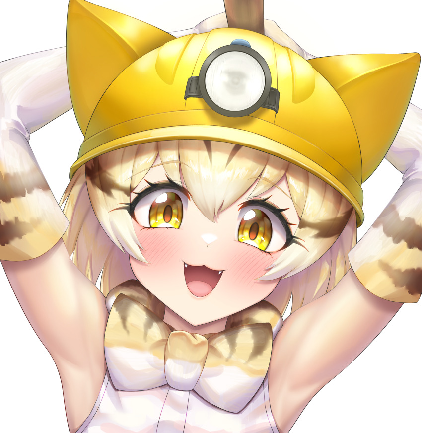 1girl :3 absurdres arms_up blonde_hair blush bow bowtie brown_eyes brown_hair close-up commission fangs headlamp helmet highres holding holding_pickaxe kemono_friends kemono_friends_3 neukkom open_mouth pickaxe sand_cat_(kemono_friends) shirt short_hair sleeveless sleeveless_shirt smile solo transparent_background upper_body white_hair white_shirt