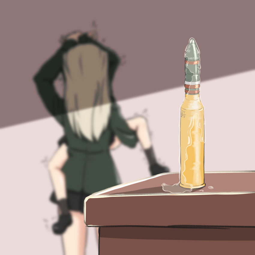 2girls blonde_hair clara_(girls_und_panzer) girls_und_panzer highres indoors katyusha_(girls_und_panzer) long_hair military_uniform multiple_girls panda008221 pravda_military_uniform pussy_juice tank_shell yuri