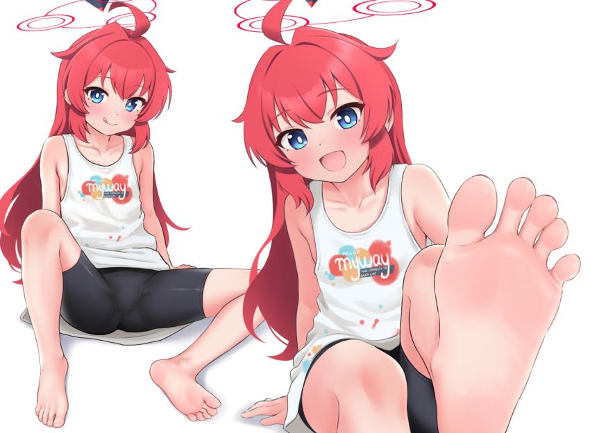 1girl :q barefoot bike_shorts blue_archive blue_eyes blush feet hinosaki long_hair looking_at_viewer maki_(blue_archive) maki_(pajamas)_(blue_archive) open_mouth red_hair soles tank_top toes tongue tongue_out