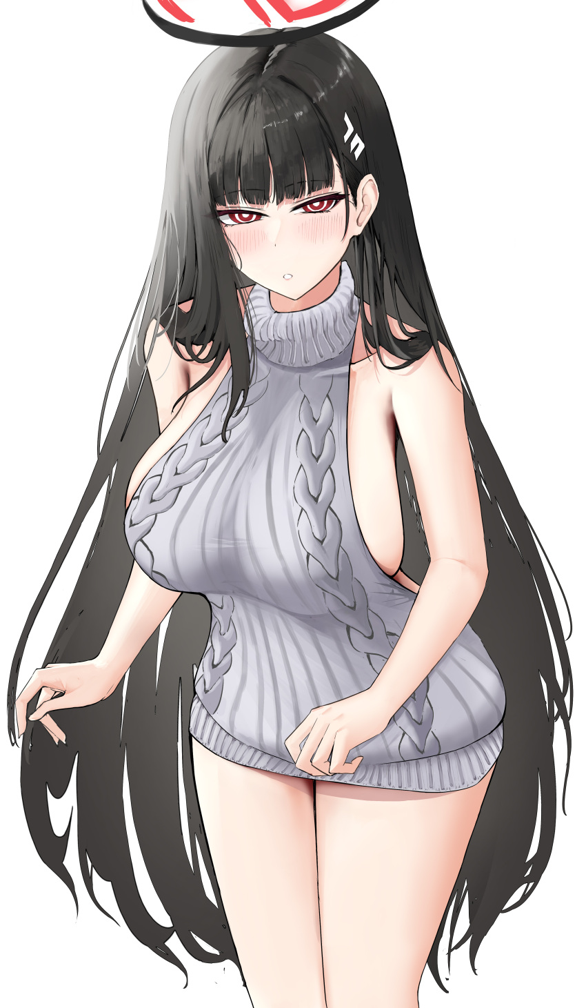 1girl absurdres bare_shoulders black_hair blue_archive blunt_bangs blush breasts hair_ornament hairclip halo highres large_breasts long_hair looking_at_viewer mainichi_ai_wo_aishite meme_attire red_eyes ringed_eyes rio_(blue_archive) sideboob simple_background sleeveless sleeveless_sweater solo sweater turtleneck turtleneck_sweater very_long_hair virgin_killer_sweater white_background