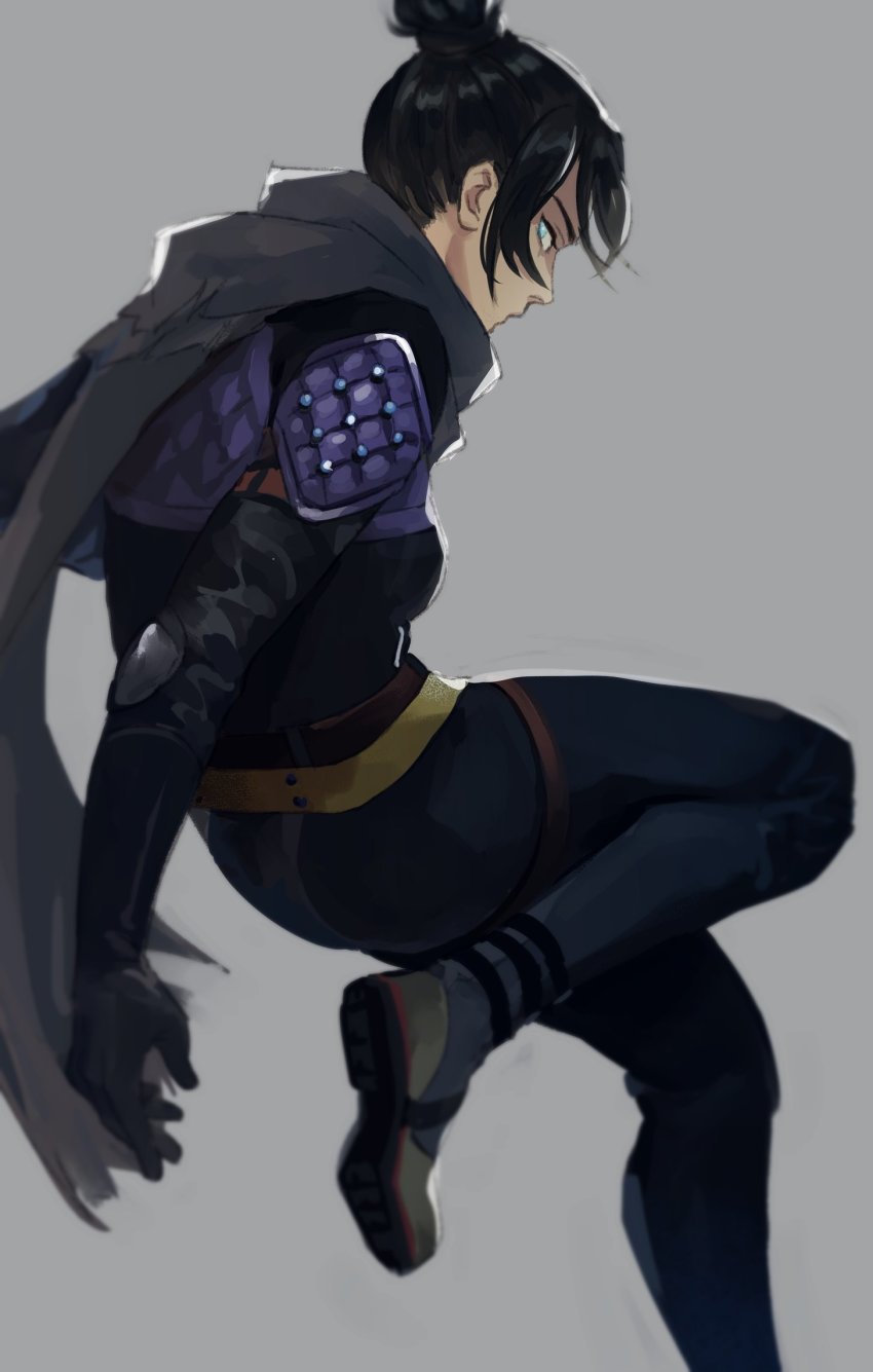 1girl 2gou apex_legends black_bodysuit black_hair blue_eyes bodysuit boots floating floating_hair from_side grey_background grey_scarf hair_behind_ear highres looking_at_viewer open_hand scarf solo wraith_(apex_legends)