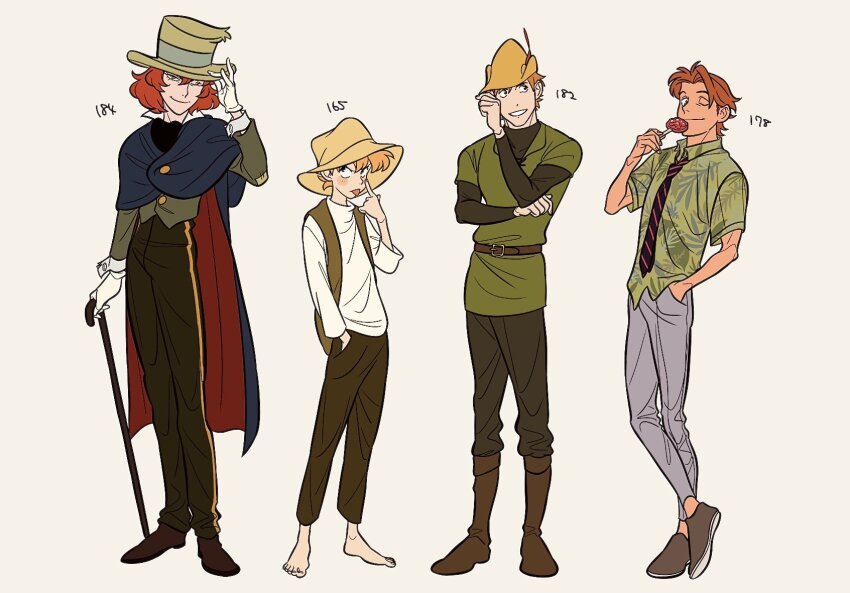 4boys belt boots br&#039;er_fox_(disney) brown_belt brown_footwear brown_vest candy cane collared_shirt food green_hat green_shirt green_tunic grey_pants hair_between_eyes hand_in_pocket hat hat_feather height highres holding holding_candy holding_food holding_lollipop honest_john_(disney) humanization lollipop long_sleeves looking_at_viewer multiple_boys necktie nick_wilde one_eye_closed orange_hair pants pinocchio_(disney_movie) red_hair robin_hood_(disney_character) robin_hood_(disney_movie) shaped_lollipop shirt smile song_of_the_south species_connection striped_necktie top_hat tunic uochandayo vest white_shirt yellow_hat zootopia