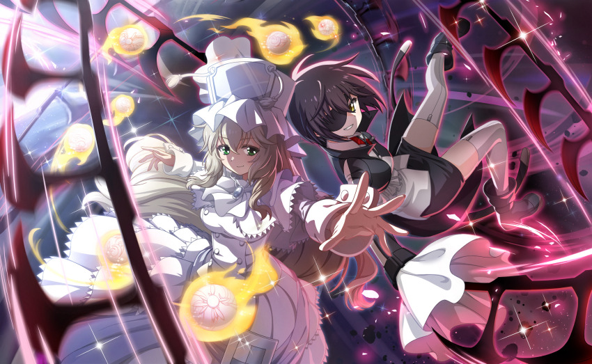 2girls arm_blade artist_request ascot back-to-back black_background black_boots black_hair black_jacket black_skirt boots buttons capelet closed_mouth collared_shirt cropped_jacket dot_nose dress eyepatch fighting_stance flaming_weapon floating_clothes floating_hair frilled_headwear frilled_jacket frilled_sleeves frills full_body game_cg green_eyes grey_brooch grey_hair grin hair_between_eyes happy hat high_collar highres jacket kure_kirika lace-trimmed_capelet lace_trim light_blush light_particles light_rays long_dress long_hair long_sleeves loose_hair_strand magic magical_girl mahou_shoujo_madoka_magica mahou_shoujo_madoka_magica_magia_exedra mahou_shoujo_oriko_magica mikuni_oriko miniskirt multiple_girls necktie official_art open_clothes open_jacket orb outline outstretched_arms palms pencil_skirt pleated_dress red_necktie red_outline shirt short_hair sidelocks skirt sleeve_cuffs sleeves_past_fingers sleeves_past_wrists smile sparkle thighhighs veil very_long_hair weapon white_ascot white_capelet white_dress white_hat white_shirt white_thighhighs white_veil yellow_eyes