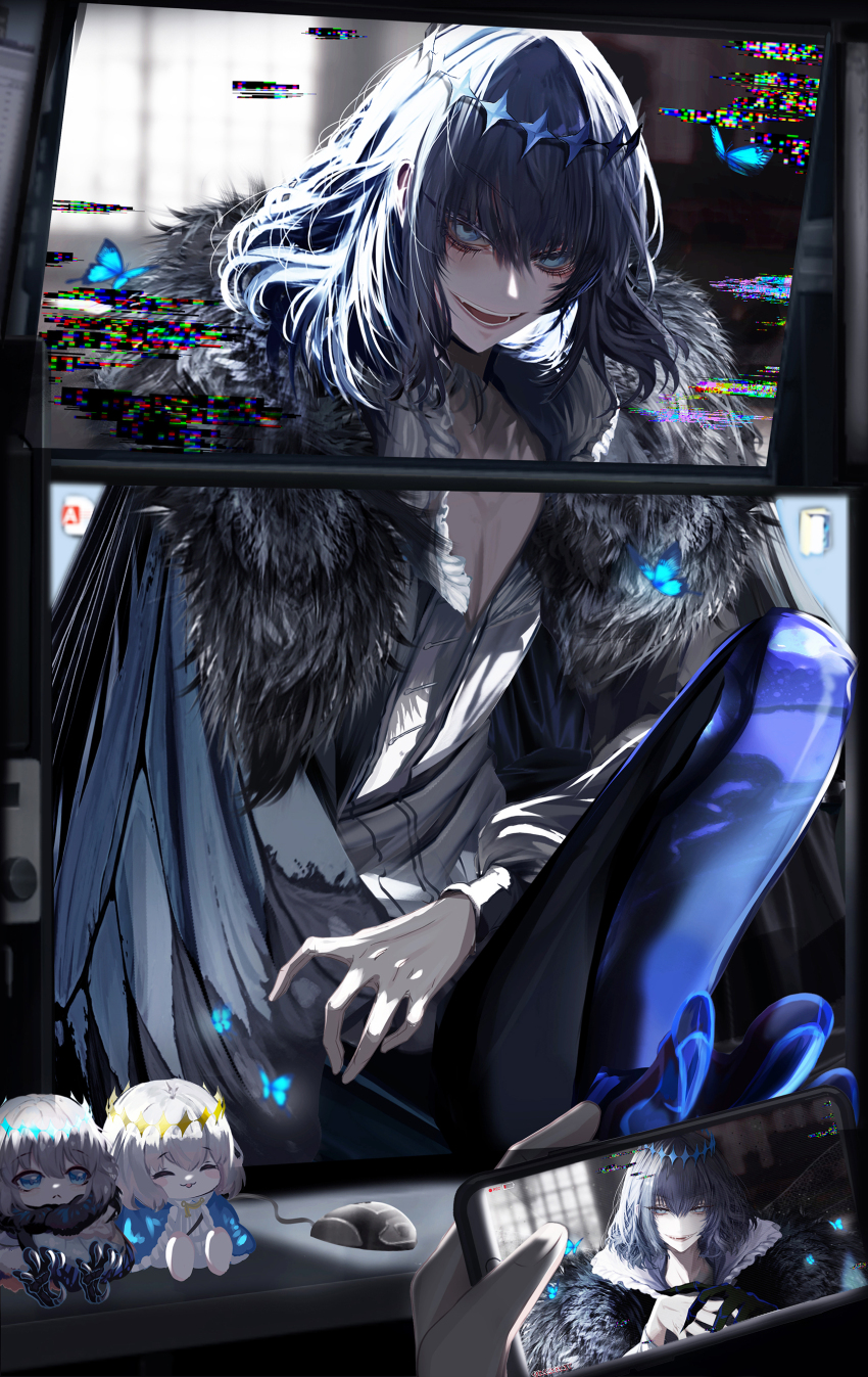 1boy absurdres antinese arthropod_boy black_hair blue_eyes bug butterfly butterfly_wings camera cape chibi crown diamond_hairband dragonfly_wings fate/grand_order fate_(series) fur-trimmed_cape fur_trim glitch highres insect insect_wings long_sleeves looking_at_viewer male_focus medium_hair oberon_(fate) oberon_(third_ascension)_(fate) shirt smile solo_focus wing_cape wings