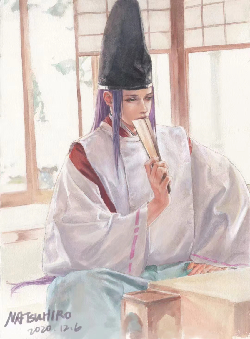 1boy artist_name blue_hakama board_game closed_mouth dated eyelashes folded_fan folding_fan fujiwara_no_sai go_(board_game) hakama half-closed_eyes hand_fan hand_up hat highres hikaru_no_go holding holding_fan indoors japanese_clothes kariginu long_hair long_sleeves looking_away male_focus natsuhiro purple_hair ribbon-trimmed_sleeves ribbon_trim sitting sleeves_past_wrists solo tate_eboshi thinking traditional_media very_long_hair wide_sleeves