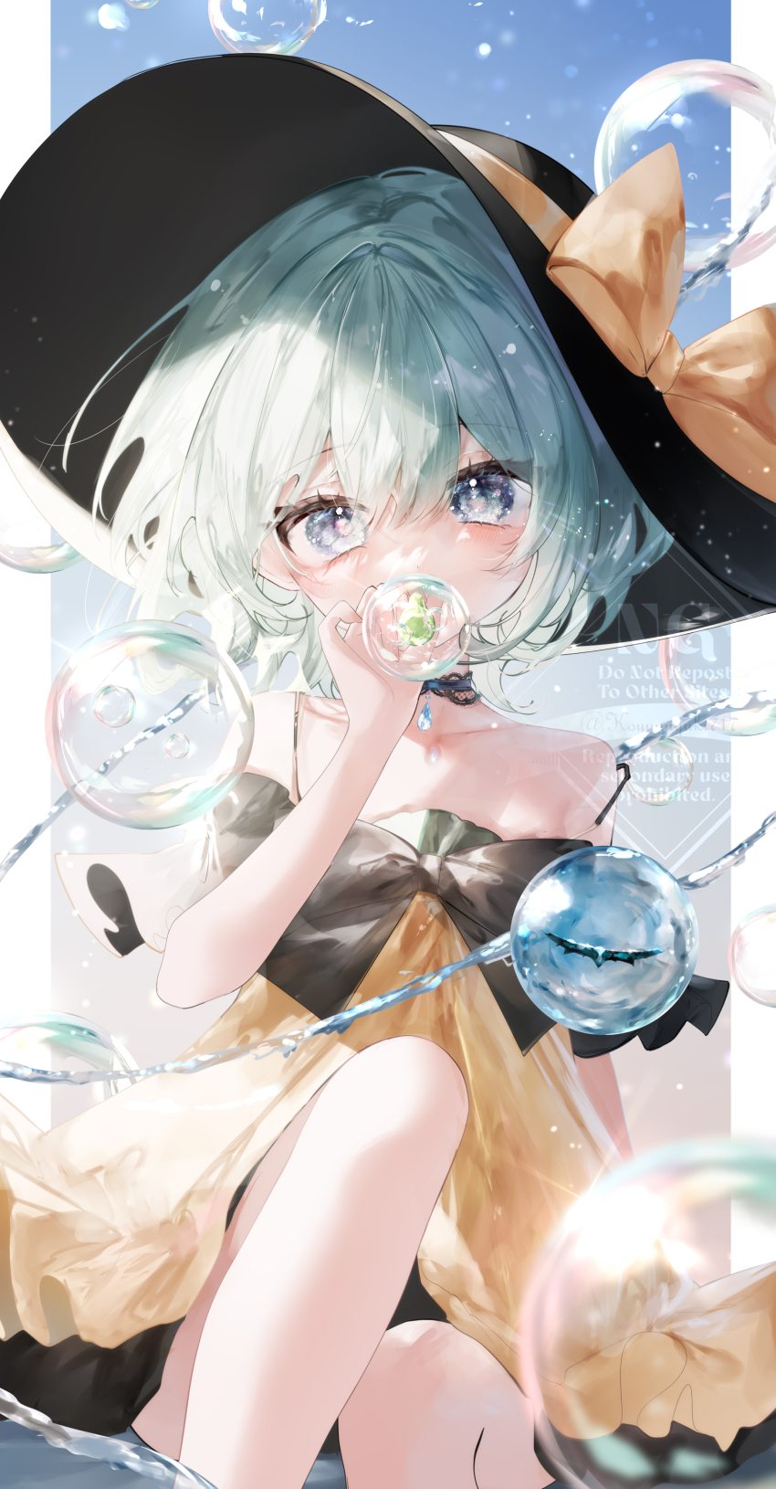 1girl absurdres adapted_costume aqua_eyes aqua_hair bare_legs bare_shoulders bubble commentary_request covered_mouth double-parted_bangs dress eyeball feet_out_of_frame hair_between_eyes hand_up hat highres knees_up komeiji_koishi looking_at_viewer off-shoulder_dress off_shoulder short_hair sitting solo third_eye touhou yellow_dress yukia_(yukia_777)
