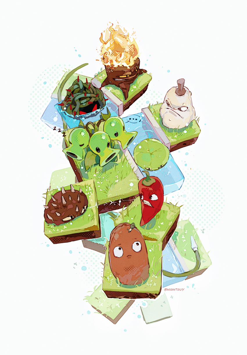 ... black_eyes chili_pepper chinese_commentary clenched_teeth closed_eyes closed_mouth colored_sclera commentary_request fire from_above frown grass_block halftone highres hightguy hose jalapeno_(plants_vs._zombies) jalapeno_pepper lily_pad lily_pad_(plants_vs._zombies) looking_at_animal looking_at_another no_humans on_grass orange_sclera plants_vs._zombies simple_background snail solid_oval_eyes spikeweed_(plants_vs._zombies) spoken_ellipsis squash squash_(plants_vs_zombies) stinky_the_snail_(plants_vs._zombies) tall-nut_(plants_vs._zombies) tangle_kelp_(plants_vs_zombies) teeth thorns threepeater_(plants_vs._zombies) torchwood_(plants_vs._zombies) u_u water white_background zzz