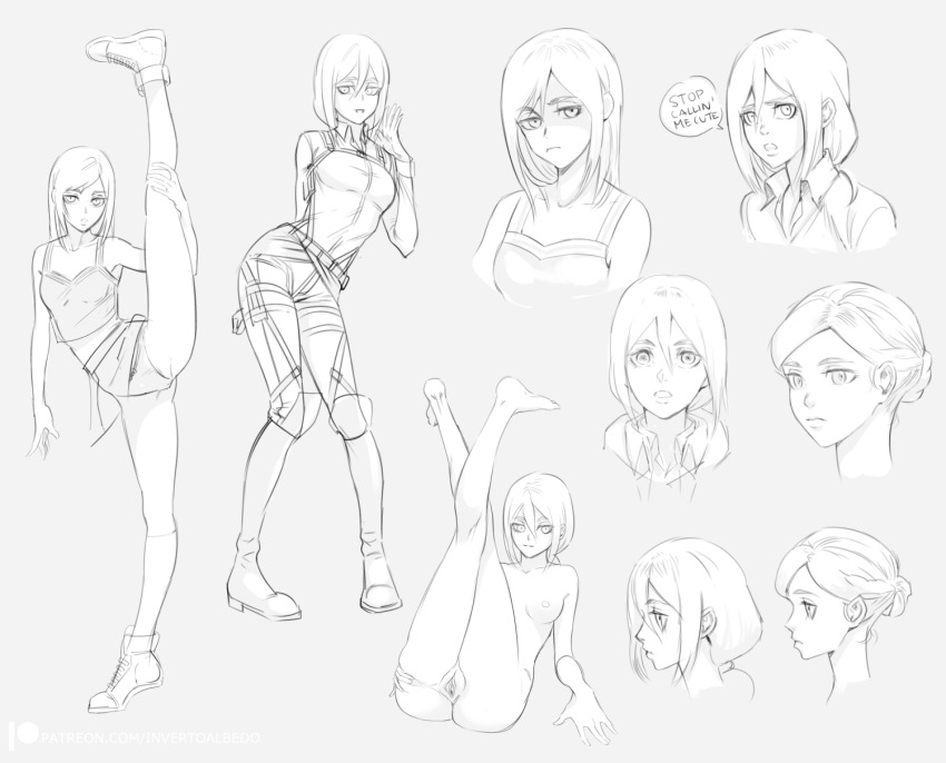 1girl angry annoyed arm_behind_back arm_support armpit_crease bare_shoulders barefoot belt belt_buckle braid breasts breasts_apart buckle collarbone completely_nude dialogue_box english_text feet female_focus flexible full_body gluteal_fold greyscale hair_behind_ear hair_between_eyes hair_bun hand_up highres inverto kneepits krista_lenz leg_grab leg_up legs legs_up long_sleeves looking_at_viewer lying medium_hair midriff military military_uniform monochrome multiple_views nude open_mouth pants paradis_military_uniform parted_bangs parted_lips presenting sash seductive_smile self_exposure shingeki_no_kyojin shirt shirt_tucked_in sidelocks simple_background sketch sleeveless small_breasts smile standing strap swept_bangs tank_top thigh_strap uncensored urethra