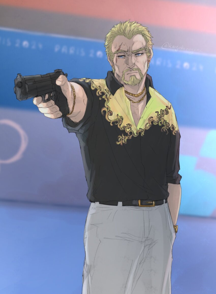 1boy 2024_summer_olympics askeladd belt black_shirt blonde_hair blue_eyes blurry blurry_background bracelet grey_pants gun hand_in_pocket highres holding holding_gun holding_weapon jewelry kaizokunoyume male_focus mature_male necklace olympics outdoors pants shirt solo standing thick_eyebrows vinland_saga weapon yusuf_dikec yusuf_dikec_(meme)