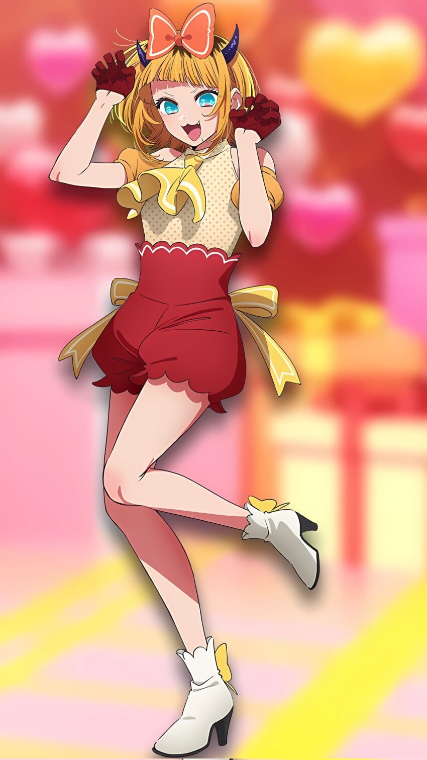 1girl aqua_eyes ascot ascot_between_breasts bare_shoulders blonde_hair boots bow demon_horns detached_collar detached_sleeves dot_nose dress elbow_blush fake_horns fang female_focus gloves highres horns idol idol_clothes knee_blush knee_up legs looking_at_viewer mem-cho multicolored_hair official_art open_mouth orange_bow oshi_no_ko puffy_detached_sleeves puffy_short_sleeves puffy_sleeves purple_horns red_gloves red_shorts ribbon short_hair short_sleeves shorts smile solo solo_focus standing standing_on_one_leg thighs tongue white_boots yellow_ascot yellow_bow yellow_dress yellow_ribbon yellow_sleeves