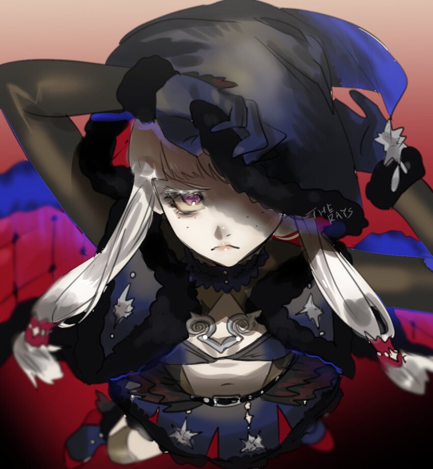 1girl adjusting_clothes adjusting_headwear agria_(black_santa)_(tales) agria_(tales) argyle_cloak black_cloak blunt_bangs bodystocking cape christmas cloak clothing_cutout freckles from_above frown fur-trimmed_cloak fur-trimmed_skirt fur_trim hair_rings highres hood hooded_cloak long_hair looking_up low-tied_sidelocks mikuroron navel official_alternate_costume one_eye_covered purple_eyes sidelocks skirt solo standing star_(symbol) stomach tales_of_(series) tales_of_the_rays tales_of_xillia thigh_cutout white_hair