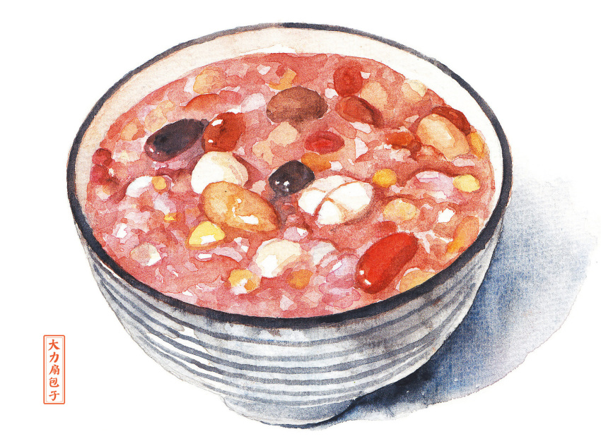 392610595 artist_name bowl food food_focus highres no_humans original painting_(medium) shadow simple_background soup still_life traditional_media watercolor_(medium) white_background