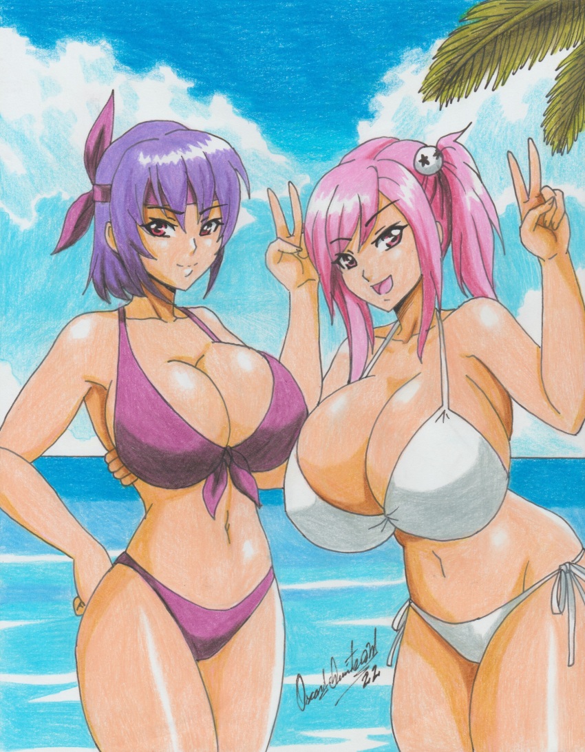2022 2girls absurdres ayane_(doa) beach bikini breasts cleavage commission dead_or_alive dead_or_alive_xtreme_beach_volleyball hand_on_another&#039;s_back headband highres honoka_(doa) huge_breasts large_breasts multiple_girls navel ocean open_mouth palm_tree pink_eyes purple_bikini purple_hair ravernclouk_design red_eyes siblings sisters swimsuit traditional_media tree white_bikini