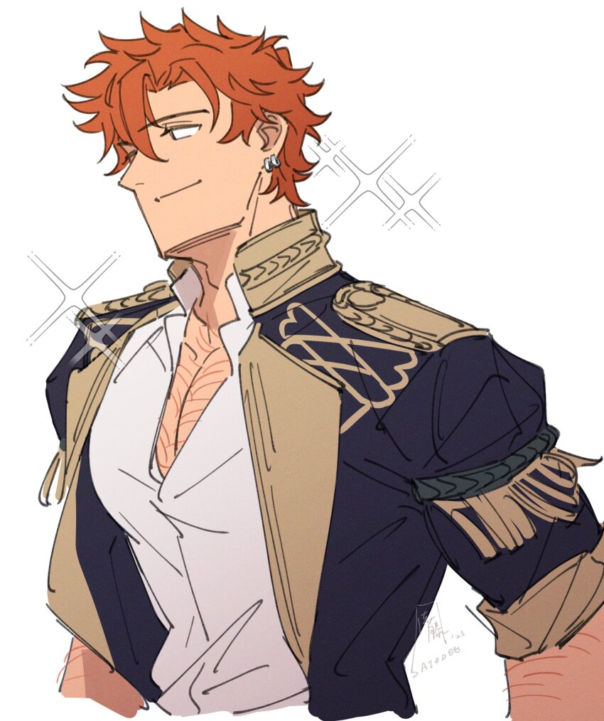 1boy arm_hair chest_hair closed_mouth collared_shirt commentary cropped_torso dated dress_shirt ear_piercing earrings english_commentary fire_emblem fire_emblem:_three_houses garreg_mach_monastery_uniform hair_between_eyes highres jacket jewelry lapels male_focus multiple_earrings nintendo open_clothes open_shirt orange_hair pectoral_cleavage pectorals piercing profile satodee shirt signature simple_background smile solo sparkle sylvain_jose_gautier tassel twitter_username wavy_hair white_background white_shirt