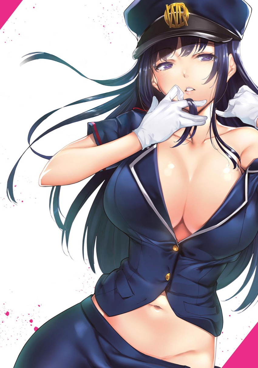 1girl blue_hair breasts cleaned cleavage clothes_pull comic_cover cropped_shirt destiny_lovers gloves gradient_hair groin hand_to_own_mouth hat highres ibu_sayaka lapels large_breasts long_hair looking_to_the_side midriff multicolored_hair navel no_bra no_panties official_art open_collar paint_splatter parted_lips pencil_skirt police police_hat police_uniform purple_eyes purple_hair simple_background single_bare_shoulder skirt skirt_pull solo third-party_edit third-party_source tomohiro_kai white_background white_gloves