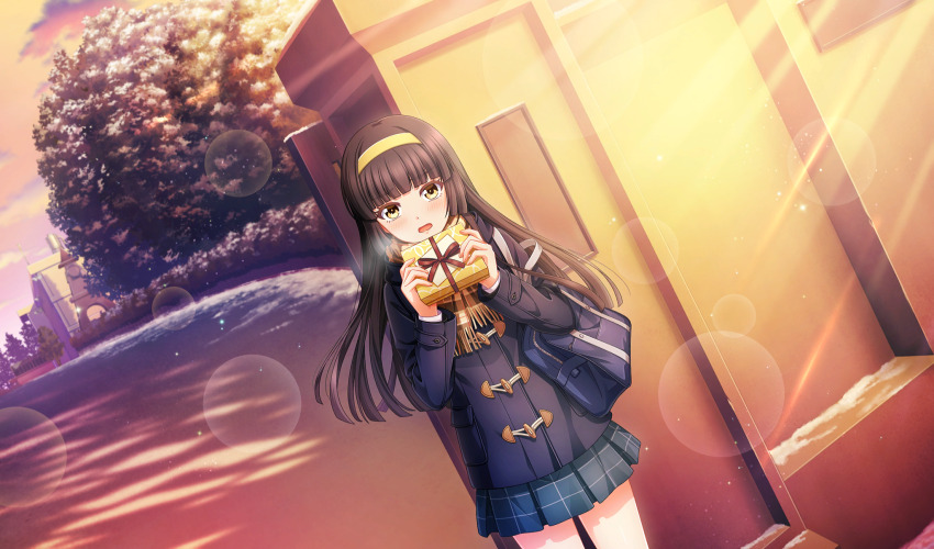 1girl bag black_coat black_hair blue_bag blunt_bangs box cinderella_series coat cowboy_shot dutch_angle film_grain game_cg gift gift_box grey_skirt hachigatsu_no_cinderella_nine hairband highres holding holding_gift lens_flare light_particles light_rays long_hair long_sleeves looking_at_viewer non-web_source official_art open_mouth outdoors plaid_clothes plaid_skirt pleated_skirt satogahama_school_uniform school_bag school_gateway shirt skirt snow solo standing sunbeam sunlight tree tsukishima_yui_(hachigatsu_no_cinderella_nine) white_shirt winter_uniform yellow_eyes yellow_hairband