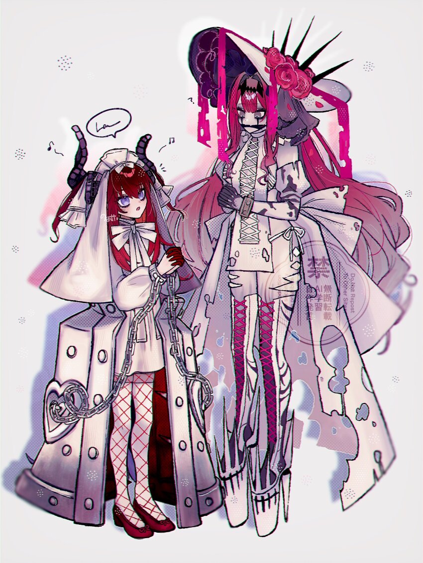 2girls absurdres baobhan_sith_(fate) baobhan_sith_(third_ascension)_(fate) bare_shoulders blue_eyes boots bracelet breasts chain cross-laced_clothes cuffs curled_horns detached_sleeves dragon_horns dragon_tail dress elizabeth_bathory_(avenger)_(fate) elizabeth_bathory_(fate) facial_mark fangs fate/grand_order fate_(series) fishnet_pantyhose fishnets flower full_body gag grey_eyes hair_ribbon hairband hat highres horns iron_maiden jewelry large_breasts large_hat long_hair long_sleeves look-alike multiple_girls noa_pisces panties pantyhose pink_hair platform_heels pointy_ears red_hair revealing_clothes ribbon rose shackles short_dress sidelocks small_breasts tail thigh_boots thighhighs two_side_up underwear veil white_dress white_hat white_panties white_thighhighs