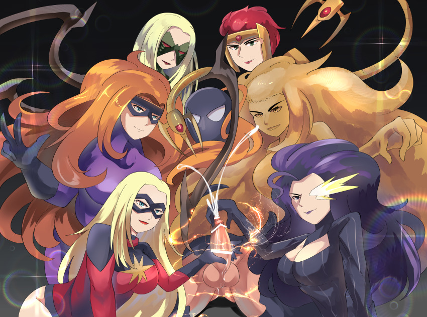 1boy 6+girls absurdres bdsm black_gloves black_hair blonde_hair bondage bound clothed_female_nude_male cooperative_handjob cum femdom gloves glowing glowing_eye handjob highres lady_octopus marvel masked medusa_(marvel) moonstone_(marvel) multiple_girls nude quicksand_(marvel) red_hair shriek_(marvel) spider-man spider-man_(series) spider-woman teamwork_(sexual)