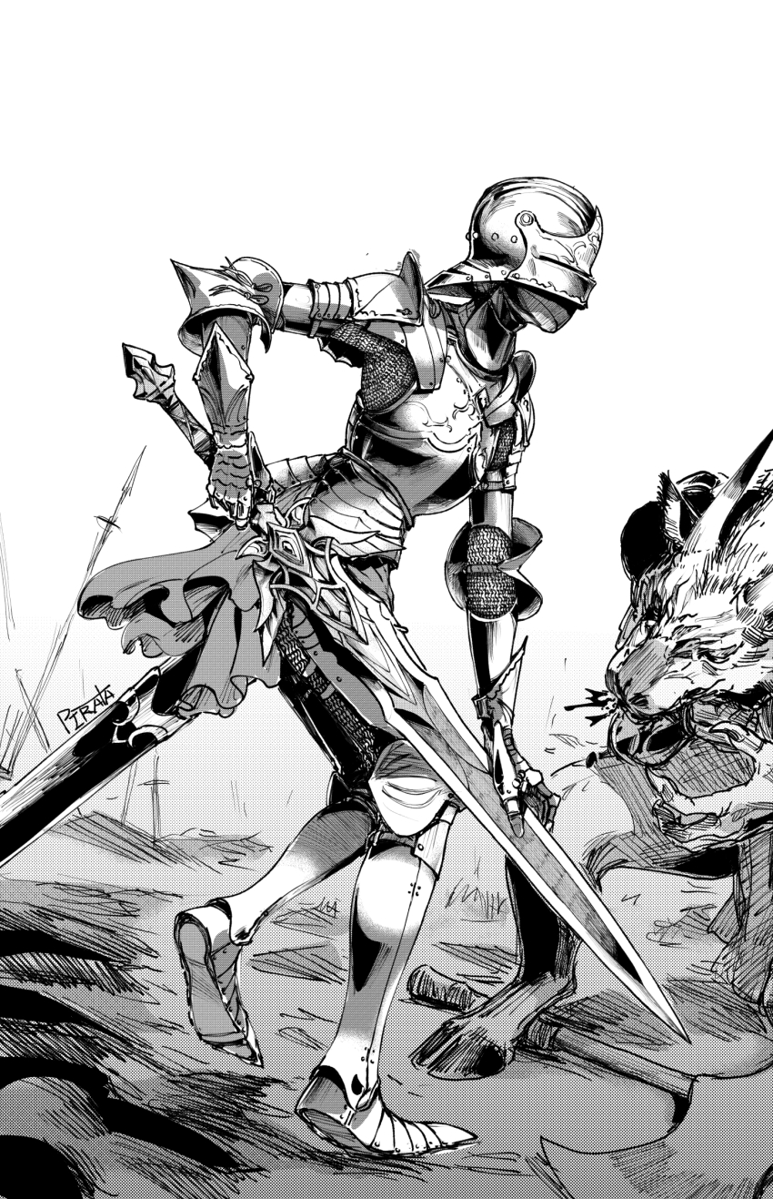 1girl armor battlefield bevor chainmail couter cuirass cuisses faceplate faulds full_armor gauntlets greaves helmet highres holding holding_sword holding_weapon knight monochrome monster original pauldrons pirata_(gailtonatiu) planted planted_sword planted_weapon plate_armor poleyn rerebrace sabaton sallet sheath shoulder_armor signature sword unsheathed weapon