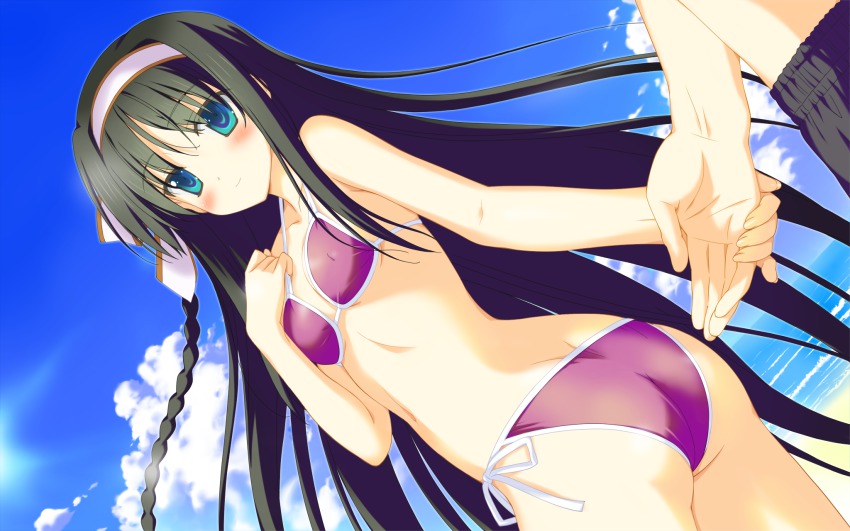 1girl ass beach bikini black_hair blue_eyes braid breasts cloud covered_erect_nipples day game_cg hair_ribbon hand_grab highres holding_hands irotoridori_no_sekai kisaragi_mio_(irotoridori_no_sekai) long_hair ocean out_of_frame outdoors purple_bikini ribbon shida_kazuhiro side-tie_bikini_bottom sky small_breasts smile solo_focus swimsuit twisted_torso very_long_hair