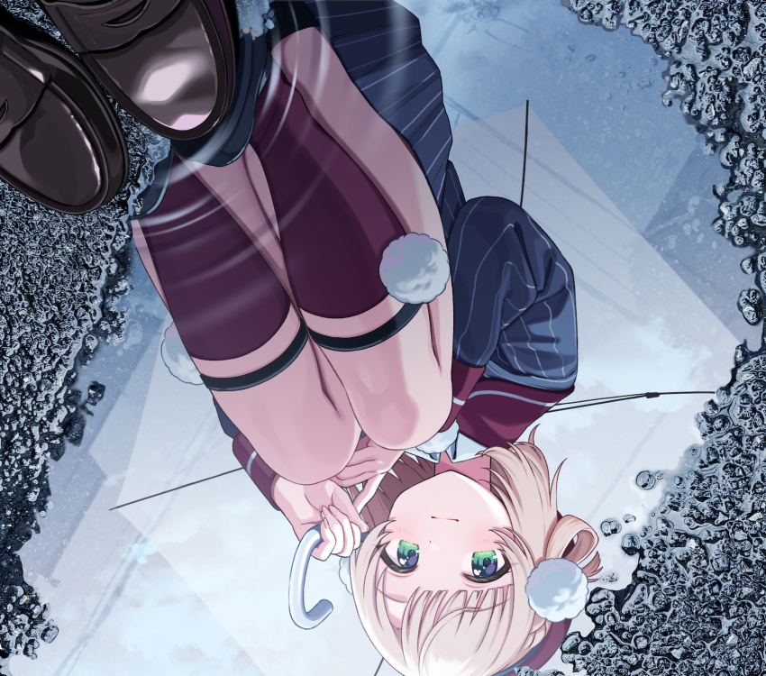 1girl beret blonde_hair blunt_bangs brown_shoes closed_mouth collared_shirt commentary_request green_eyes grey_jacket grey_skirt hair_ornament hair_rings hat highres holding holding_umbrella indie_virtual_youtuber jacket kneehighs loafers long_sleeves looking_at_viewer miniskirt mirror official_art pinstripe_jacket pinstripe_pattern pinstripe_skirt pleated_skirt pom_pom_(clothes) pom_pom_hair_ornament puddle red_hat red_sailor_collar red_socks reflection sailor_collar school_uniform self-portrait shigure_ui shigure_ui_(vtuber) shigure_ui_(vtuber)_(1st_costume) shirt shoes short_hair sitting skirt sleeve_cuffs smile socks solo squatting striped_clothes striped_jacket striped_skirt swept_bangs umbrella vertical-striped_clothes vertical-striped_jacket vertical-striped_skirt virtual_youtuber white_shirt