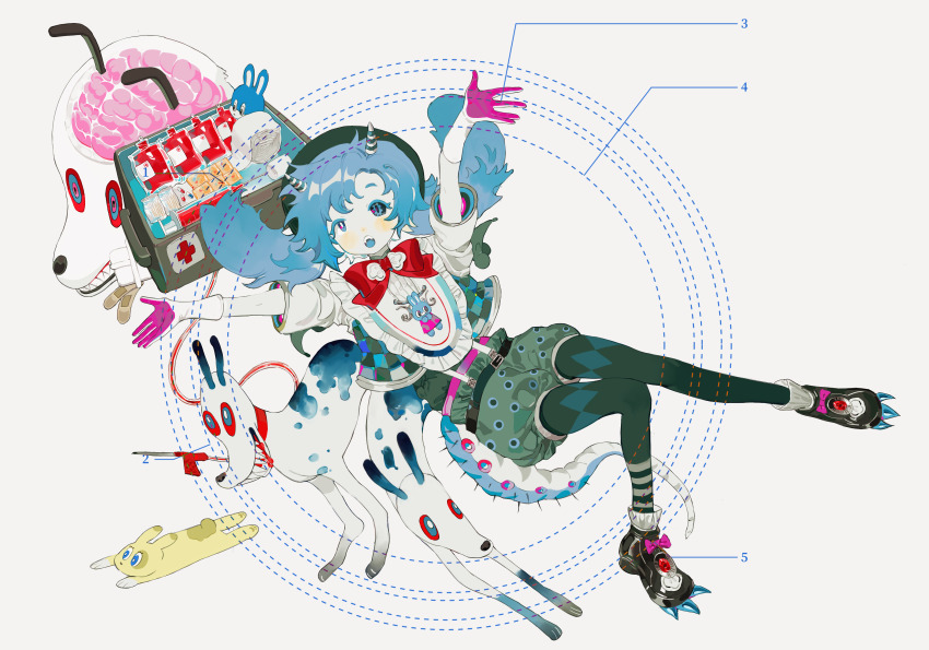 1other :o absurdres animal animal_print argyle_clothes argyle_pantyhose artist_request asymmetrical_legwear bandages belt beret bib_collar black_belt black_footwear black_pantyhose black_sclera blood blood_bag blue_eyes border borrowed_character bow box brain bright_pupils checkered_clothes checkered_jacket colored_sclera colored_skin commission dog fangs first_aid_kit footwear_bow from_above full_body gloves green_shirt green_shorts hair_spread_out hat heterochromia highres jacket knees_together_feet_apart long_hair looking_up lying mismatched_legwear mismatched_pupils mismatched_sclera multicolored_tail neck_ribbon non-web_source on_back open_mouth original other_focus outside_border outstretched_arms pantyhose pill pink_bow pink_eyes pink_gloves rabbit rabbit_print raised_eyebrows red_ribbon ribbon round_border shirt shorts side_part small_horns solo surreal suspenders tail teeth twintails two-tone_gloves upper_teeth_only white_background white_gloves white_pupils white_skin white_sleeves x-ray