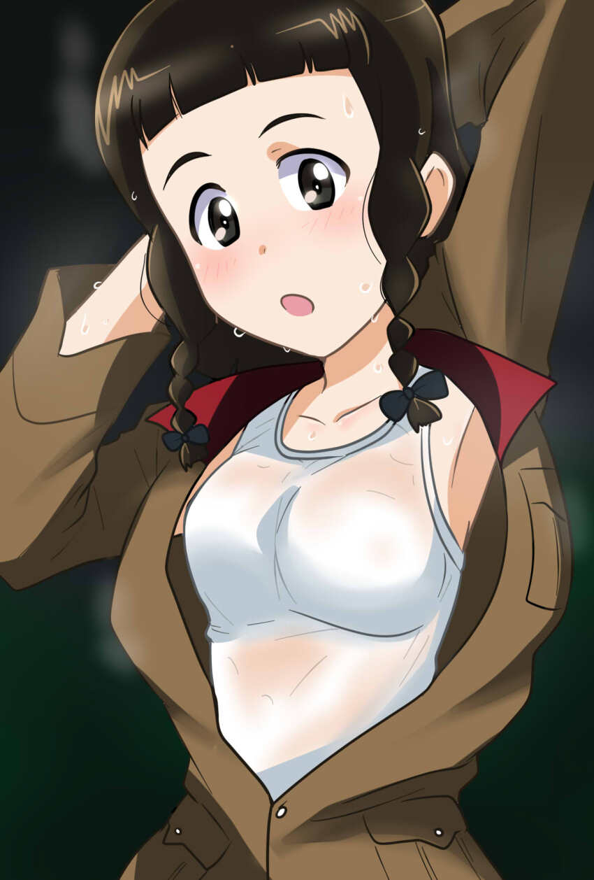 1girl arms_behind_head arms_up braid breasts brown_eyes brown_hair brown_jacket chi-hatan_military_uniform collar girls_und_panzer green_background highres jacket looking_at_viewer nagura_setsuko open_clothes open_jacket open_mouth red_collar shirt short_braid short_hair side_braids sweat tank_top twin_braids upper_body wakku_kan wet wet_clothes wet_shirt white_shirt white_tank_top white_undershirt