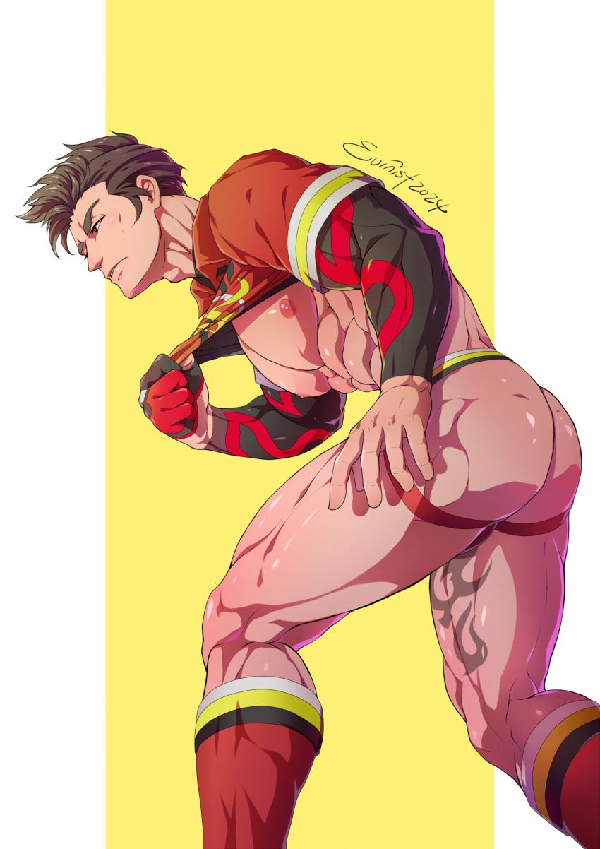 1boy abs adam&#039;s_apple aged_down artist_name ass bara bare_pectorals brown_hair clothes_lift commentary evinist highres jockstrap kabu_(pokemon) kneehighs large_pectorals leg_tattoo lifting_own_clothes male_focus male_underwear muscular muscular_legs muscular_male nintendo nipples pectorals pokemon pokemon_swsh shirt_lift short_hair simple_background socks solo tattoo thighs underwear