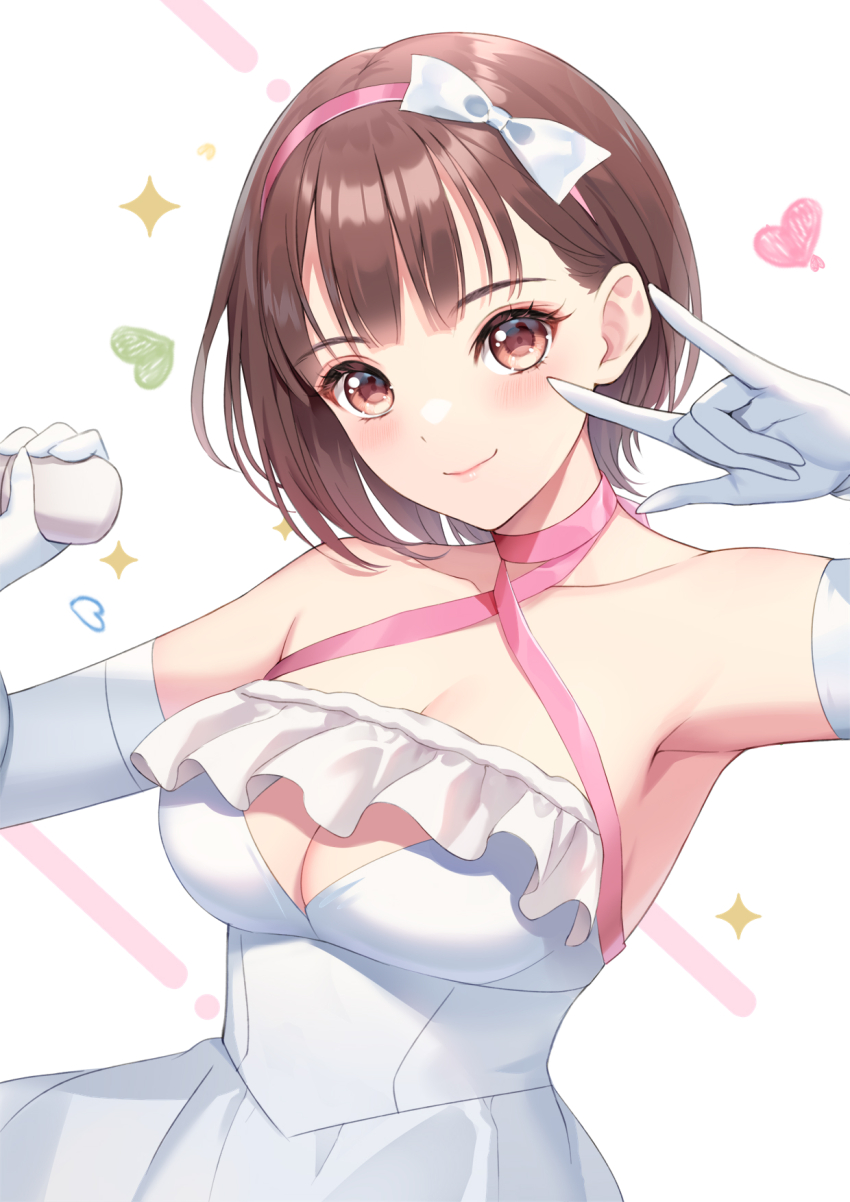 1girl armpits blue_reflection_(series) blue_reflection_maboroshi_ni_mau_shoujo_no_ken blue_reflection_tie blush bow bow_hairband breasts brown_eyes brown_hair cleavage dress gloves hairband heart highres holding hoshizaki_ao large_breasts looking_at_viewer m/ minato_asuka short_hair sleeveless sleeveless_dress smile solo