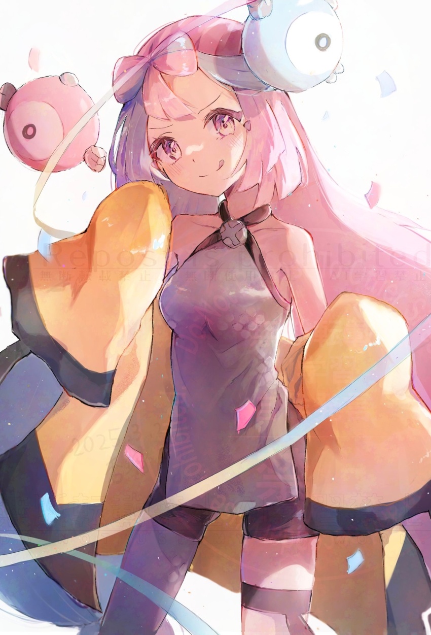 1girl anzu_(v0_0v_o0) blue_hair bow-shaped_hair breasts character_hair_ornament closed_mouth creatures_(company) fake_hair_bun game_freak gluteal_fold grey_pantyhose hair_ornament halterneck hand_up hexagon_print highres iono_(pokemon) jacket long_hair low-tied_long_hair multicolored_hair nintendo open_clothes open_jacket oversized_clothes pantyhose pink_hair pokemon pokemon_sv single_leg_pantyhose sleeves_past_fingers sleeves_past_wrists smile solo split-color_hair very_long_sleeves x yellow_jacket