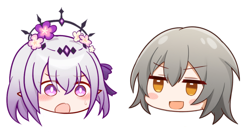 2girls :d :o black_tiara blush castorice_(honkai:_star_rail) commentary_request flower gradient_hair grey_hair hair_between_eyes hair_flower hair_ornament head_only honkai:_star_rail honkai_(series) long_hair multicolored_hair multiple_girls open_mouth patyu3 purple_eyes purple_flower purple_hair simple_background smile tiara trailblazer_(honkai:_star_rail) white_background white_hair yellow_eyes