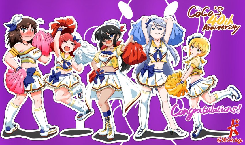 5girls 7654_dog bad_id bad_twitter_id black_hair blush bow bow_skirt cheerleader coco&#039;s coco_ichibanya curly_hair cutlass_(girls_und_panzer) dixie_cup_hat double_horizontal_stripe flint_(girls_und_panzer) girls_und_panzer girls_und_panzer_saishuushou hat holding holding_pom_poms lace lace-trimmed_shirt lace_trim long_hair looking_at_viewer looking_back midriff military_hat multiple_girls murakami_(girls_und_panzer) navel ogin_(girls_und_panzer) open_mouth pleated_skirt pom_pom_(cheerleading) pom_poms red_hair rum_(girls_und_panzer) shirt short_hair signature skirt smile ten_musu_inu